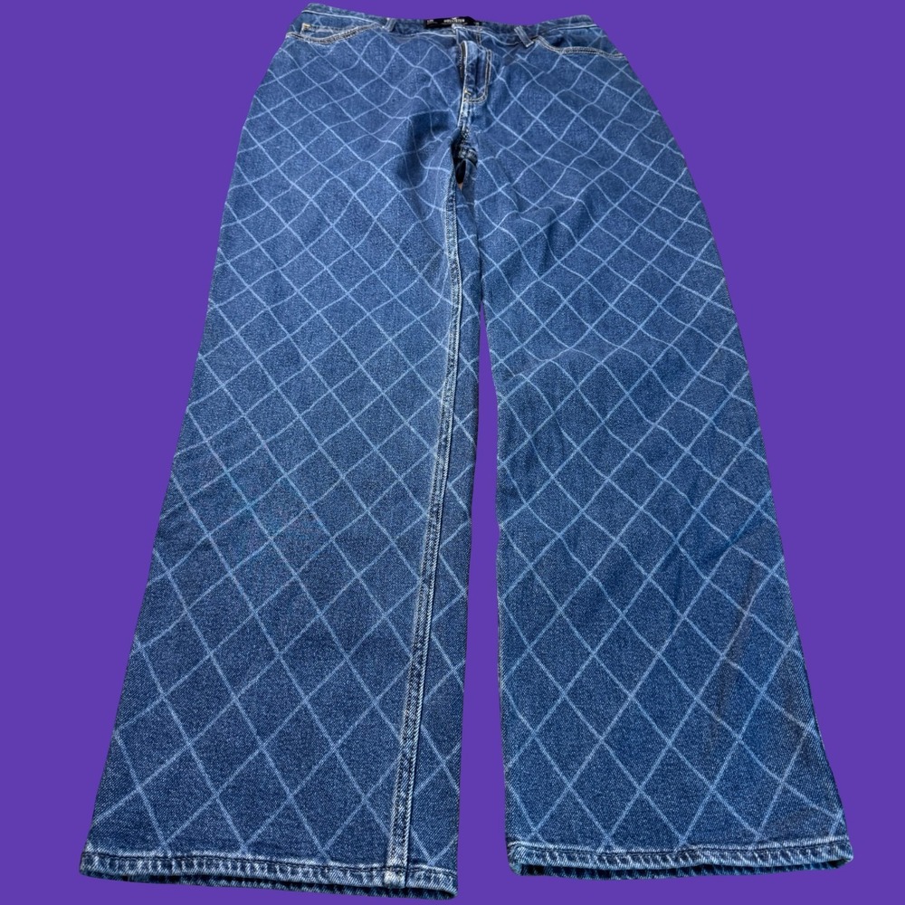 Hollister Womens Dad Jeans 13R Blue Ultra High Rise Diamond Print Wide Leg